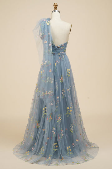 A-Line Gris Bleu Long Bal Robe avec Broderie